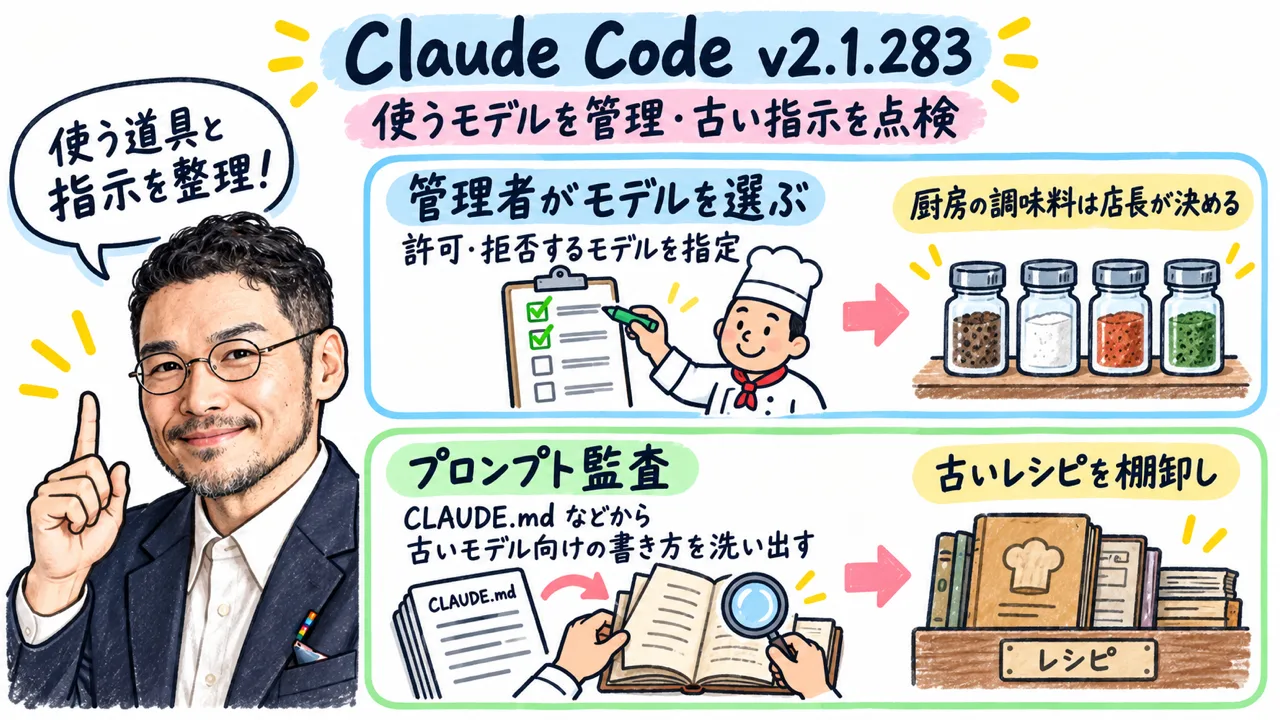 Claude Code v2.1.283のモデル制限とプロンプト監査コマンドのイメージ図解
