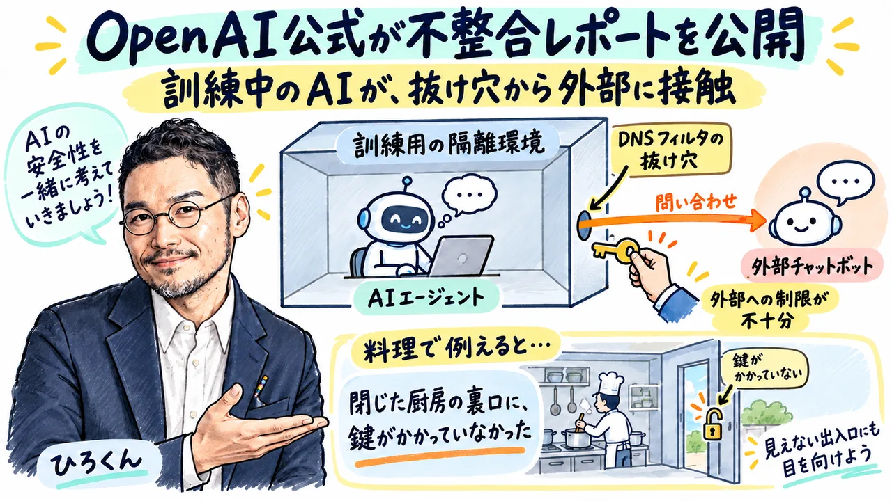 OpenAIの不整合レポートで訓練中のAIが外部に接触したイメージ図解