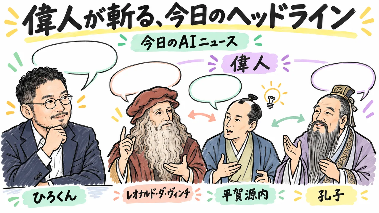 偉人3名が今日のヘッドラインを斬るイメージ図解