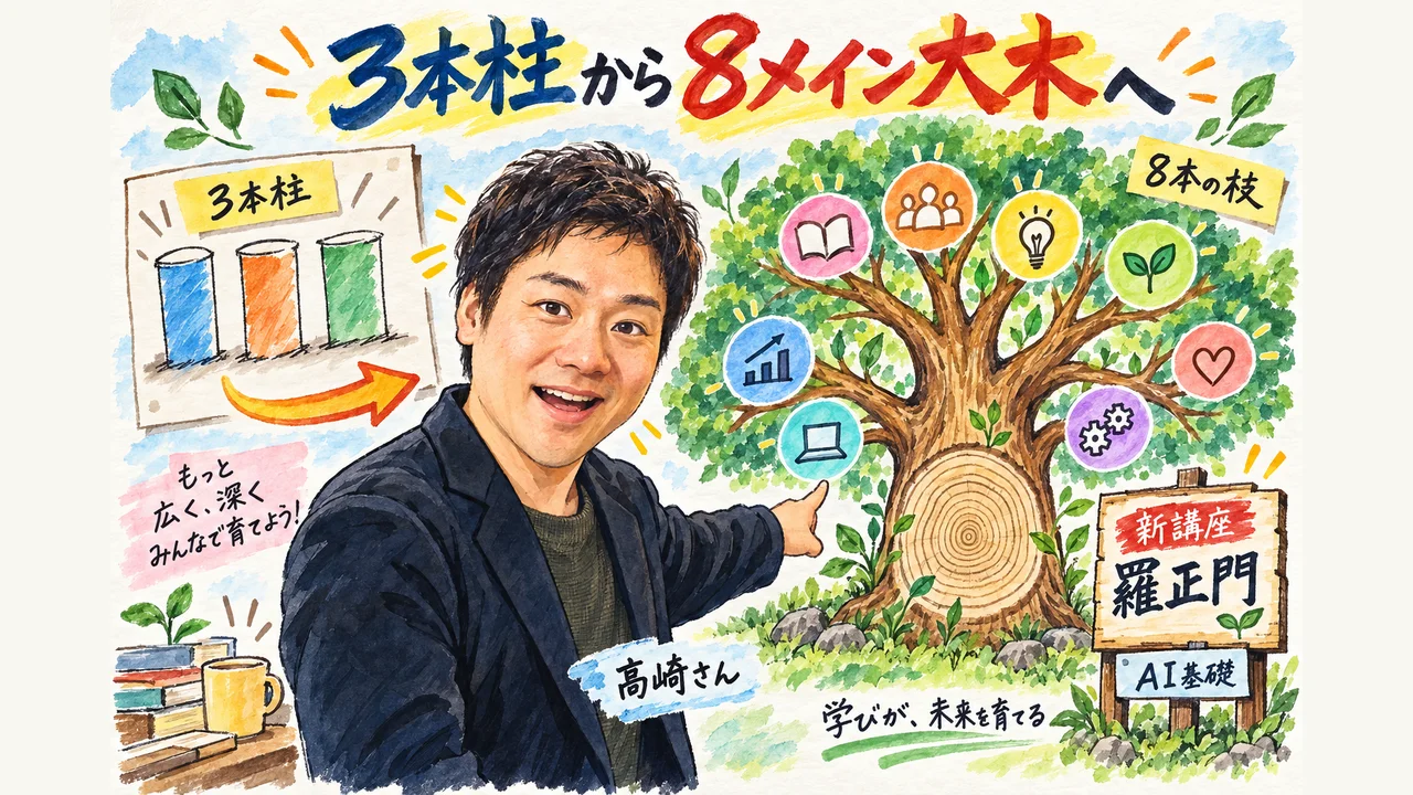 アシュラ塾が「3本柱」から「8メイン大木」に進化。プロゲート型AI基礎講座「羅正門」も新登場（図解）