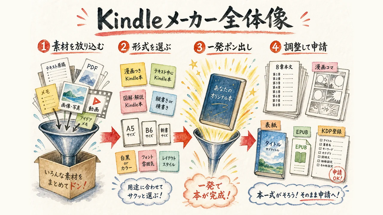 「Kindleメーカー」って何？ 素材を放り込むだけで、漫画つきの本一式が出てくる（図解）