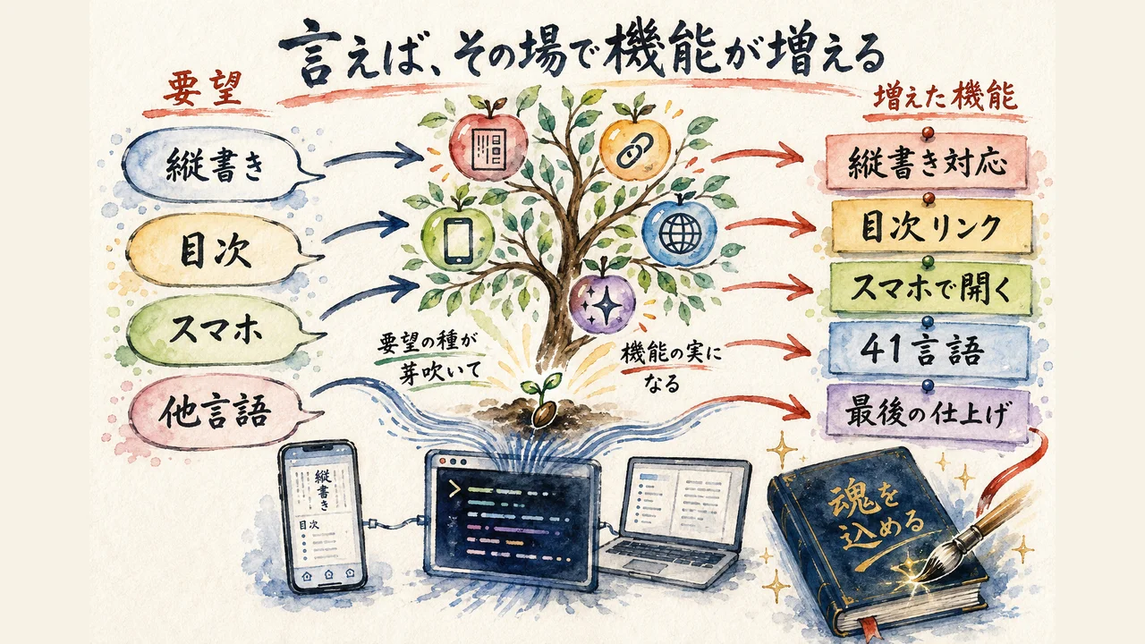 縦書き・目次・スマホ操作・多言語——要望を言った瞬間に機能が増える（図解）