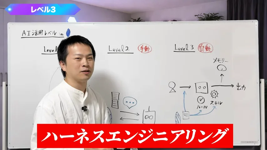 動画キャプチャ: レベル3の図、ルール・スキル・メモリーとハーネスのテロップ