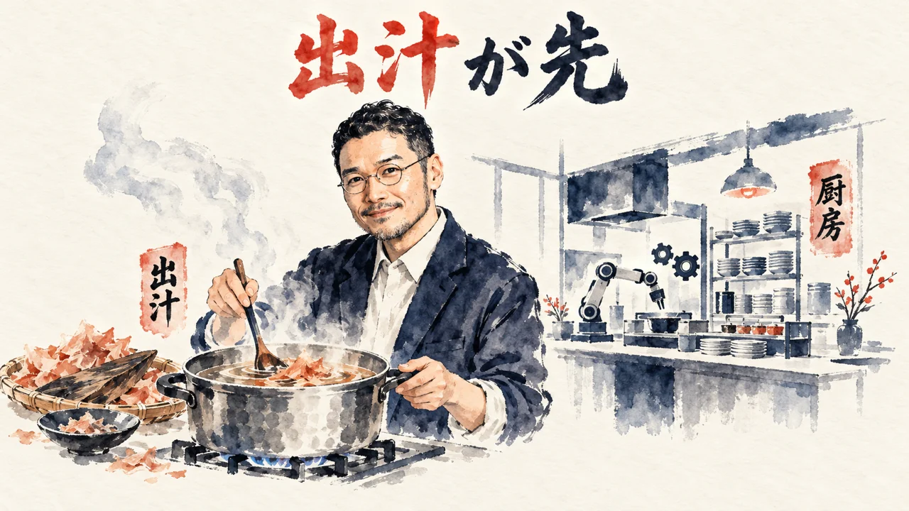 出汁を取るひろくんと、自動で回る厨房のコラム図解