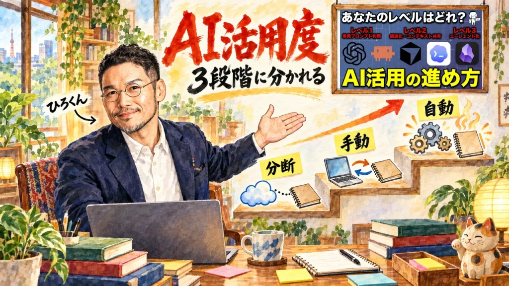 AI活用度は3段階に分かれる。ひろくんが分断・手動・自動の3段の階段を紹介する全容図解。壁に動画のサムネイル