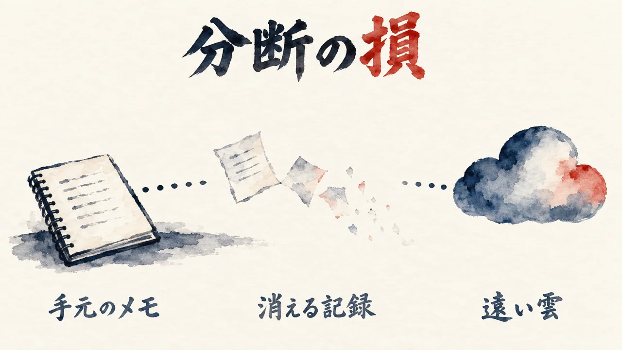 手元のメモと遠い雲の間で記録が消えていく、分断の損の図解