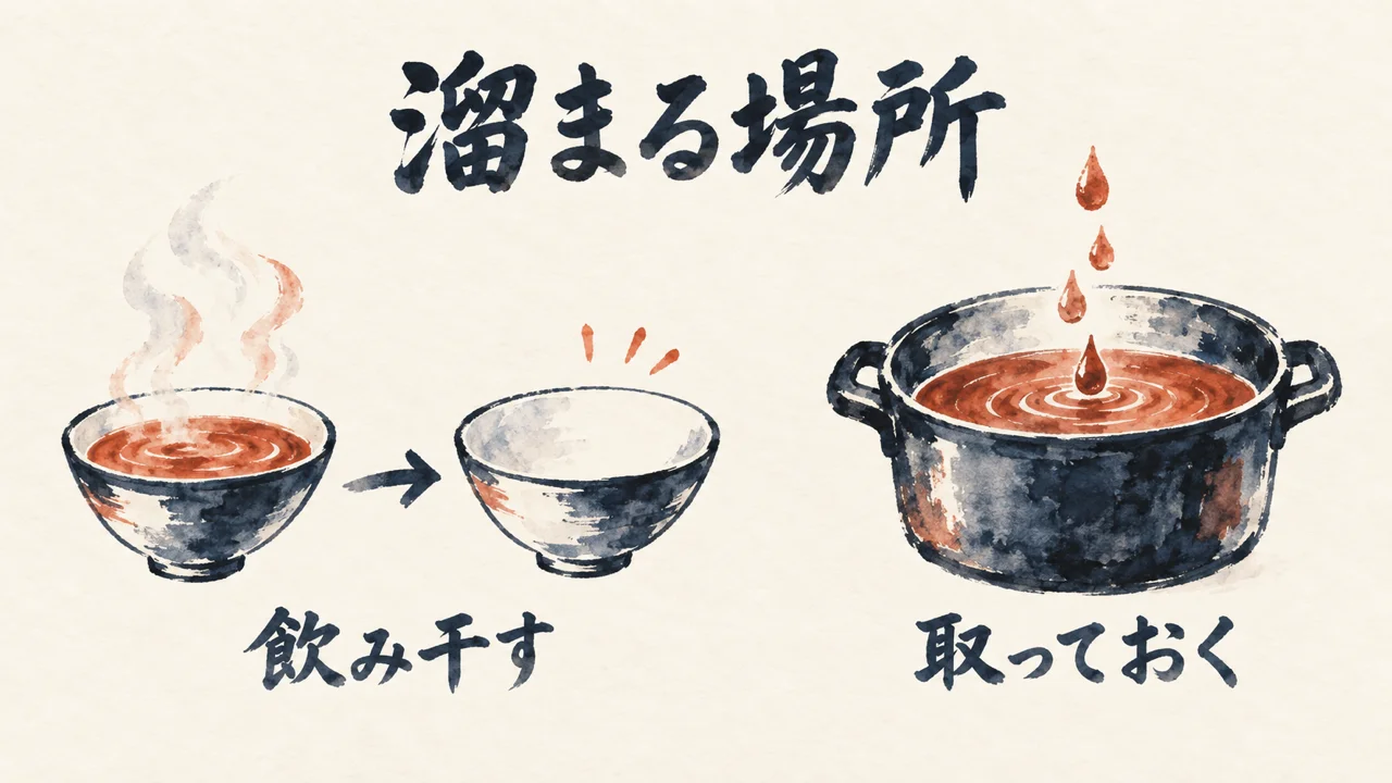 その場で飲み干すスープと鍋に取っておく出汁、溜まる場所の図解