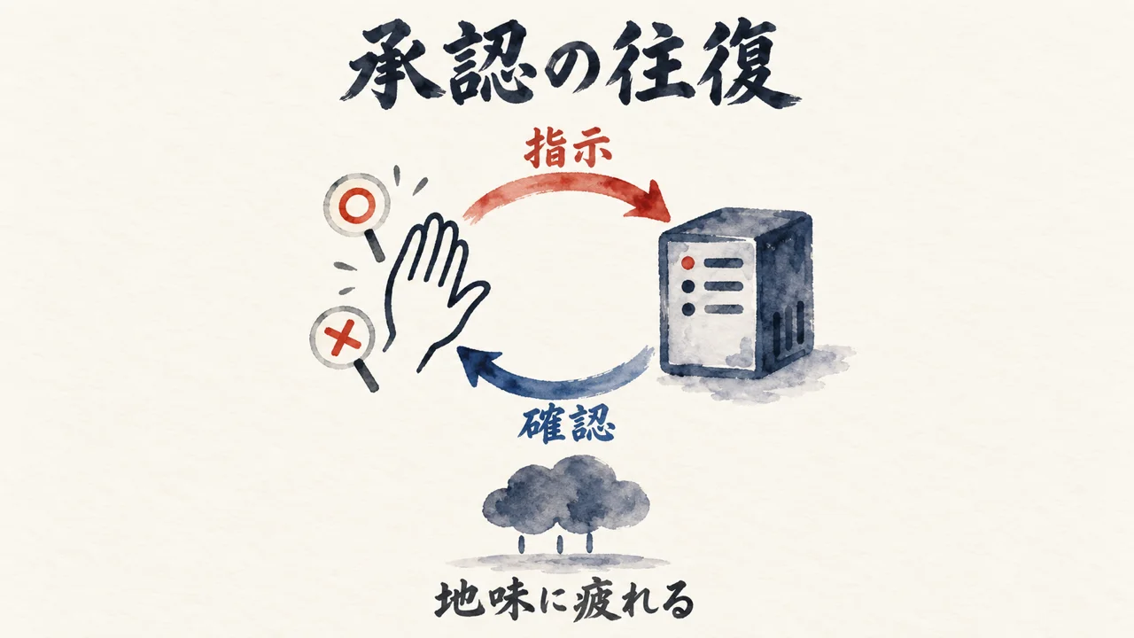 指示と確認の往復で疲れる、承認の往復の図解