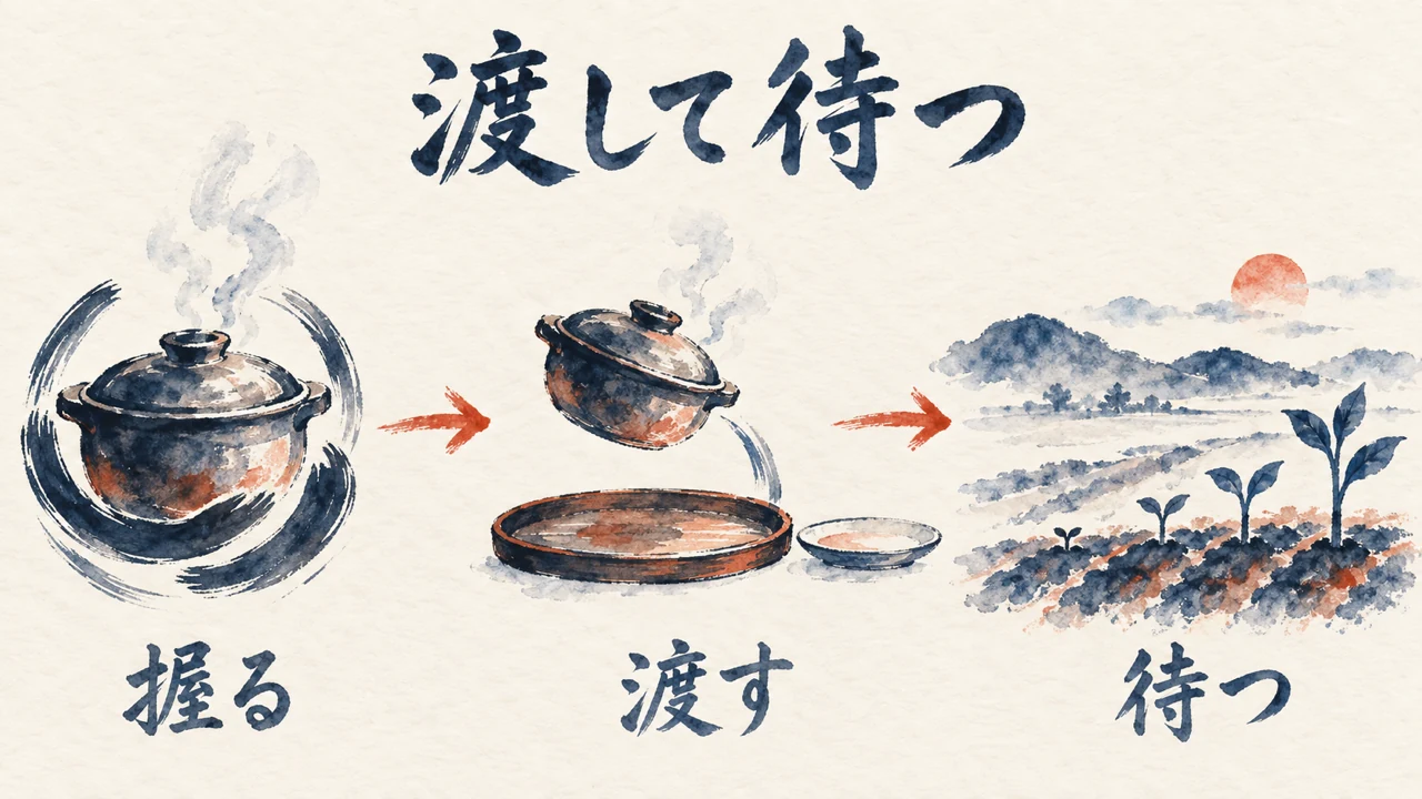 鍋を握る、皿へ渡す、畑の芽が育つのを待つ、渡して待つ流れの図解