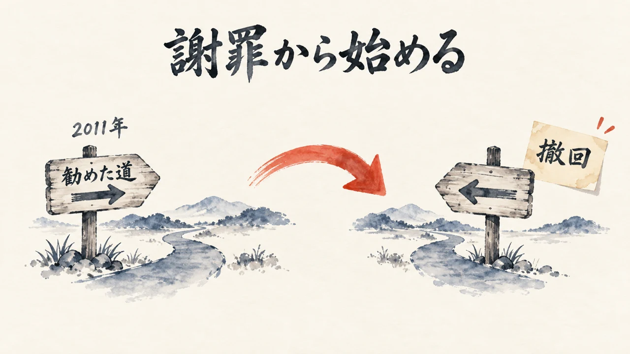 勧めた道を示す道しるべの看板が、撤回の向きに回される、謝罪から始める図解