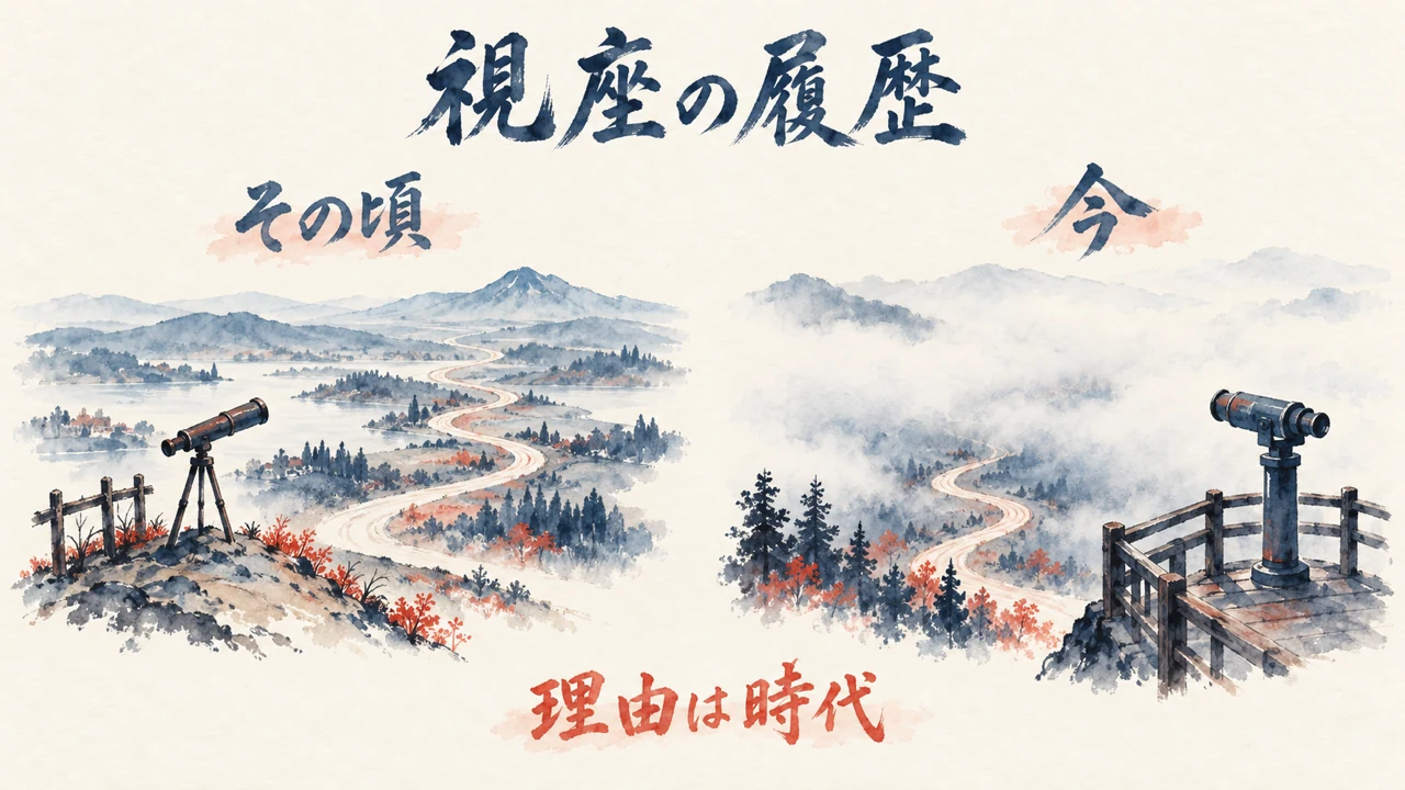 同じ一本の道を、低い丘からは見通せ、高い展望台からは霧で見えにくい、視座の履歴の図解