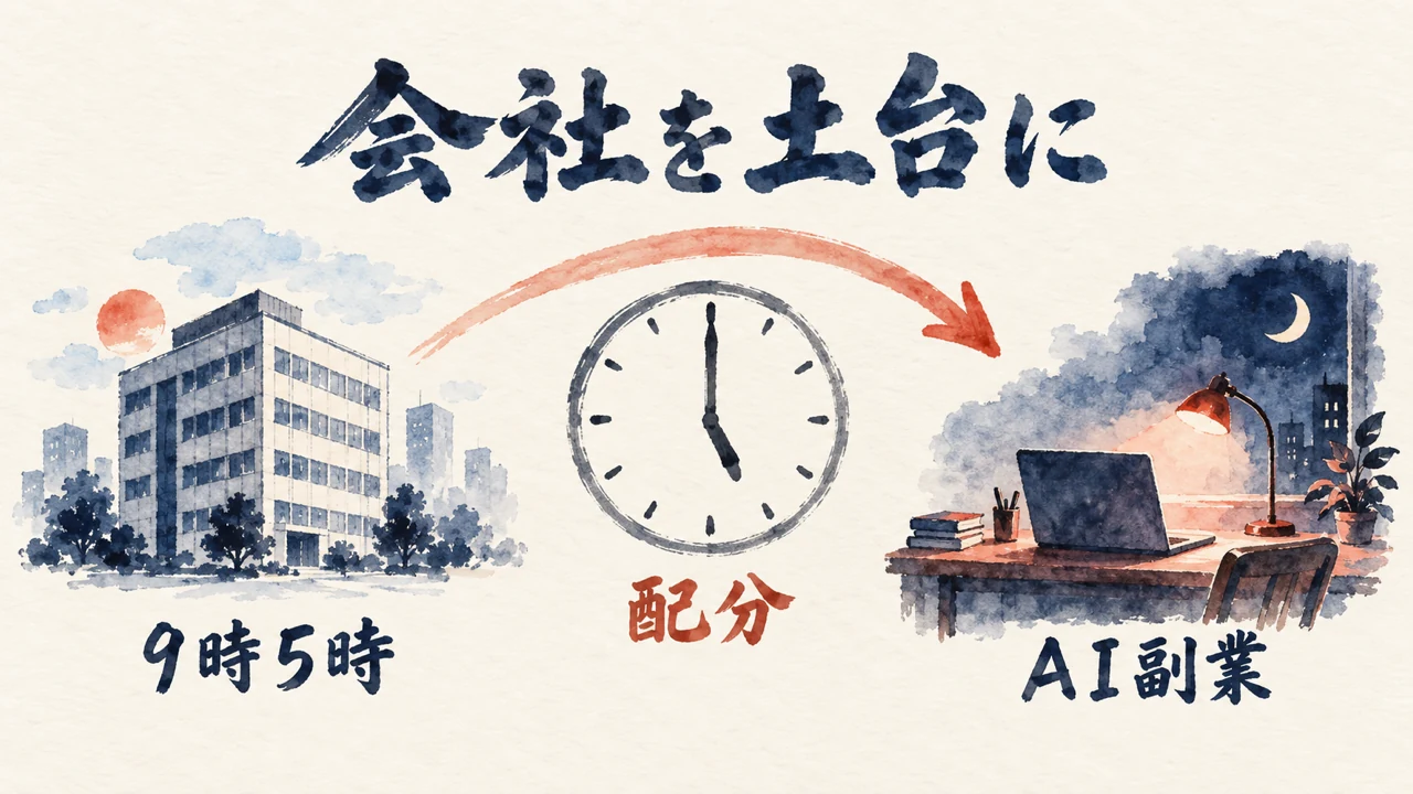 昼の会社の建物から5時の時計を経て、夜の机のノートPCでAI副業へ続く、配分の図解