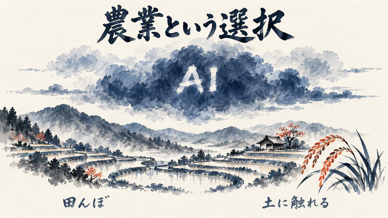 空にAIの雲が広がっても、山あいの棚田と稲穂が静かに残る、農業という選択の図解
