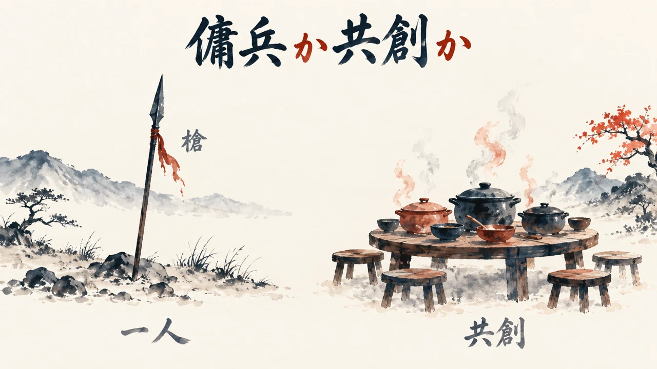 荒野に立つ一本の槍と、円卓に並ぶ複数の鍋を対比した、傭兵か共創かの図解