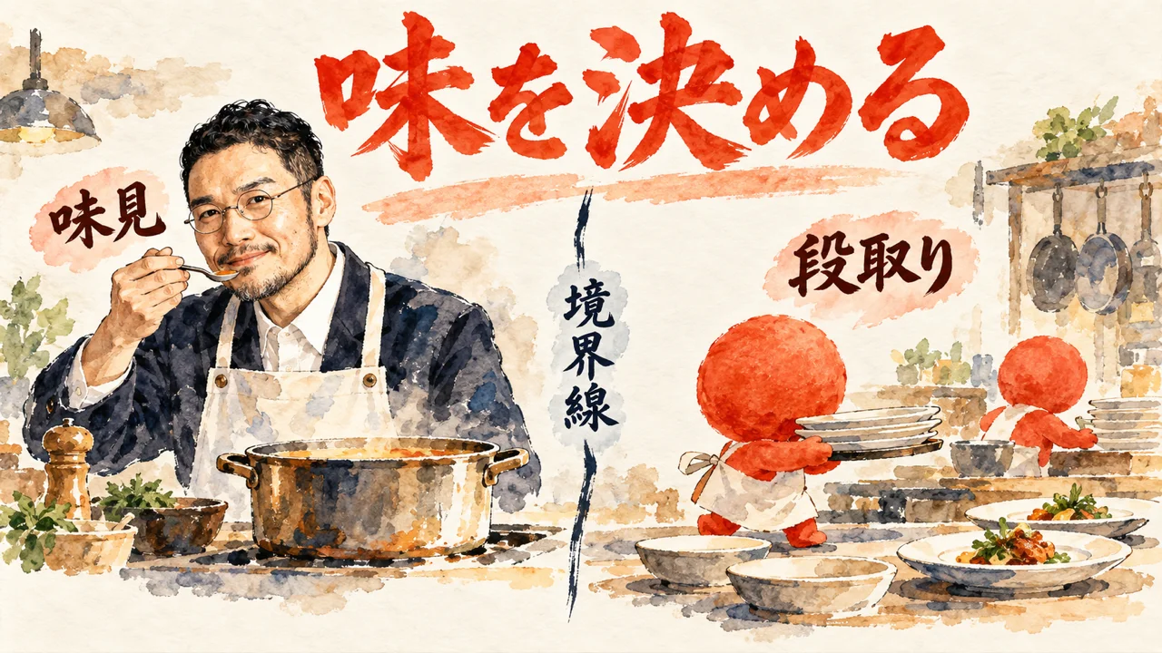 ひろくんが鍋の味見をし、境界線の向こうで朱色の水玉たちが皿を運ぶ、味を決めるコラム図解