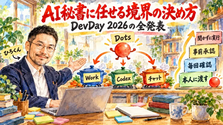 AI秘書に任せる境界の決め方。ひろくんが、朱色の水玉のDotsがWork・Codex・チャットの3つの鍋をつなぐ図と、聞かずに実行から本人に渡すまでの承認4段階を紹介する全容図解