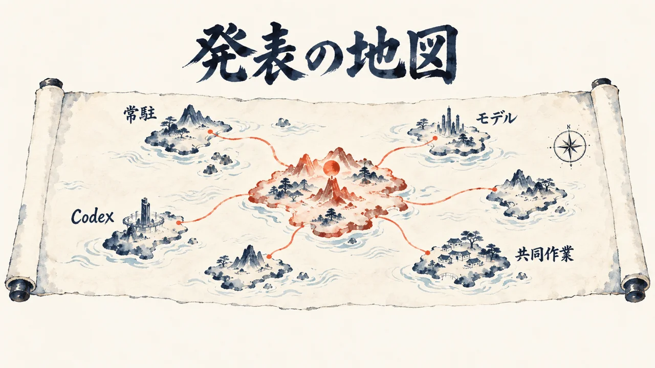 巻物の地図に常駐・モデル・Codex・共同作業の島が並び、中央の朱色の島へ線が集まる、DevDay 2026の発表の地図