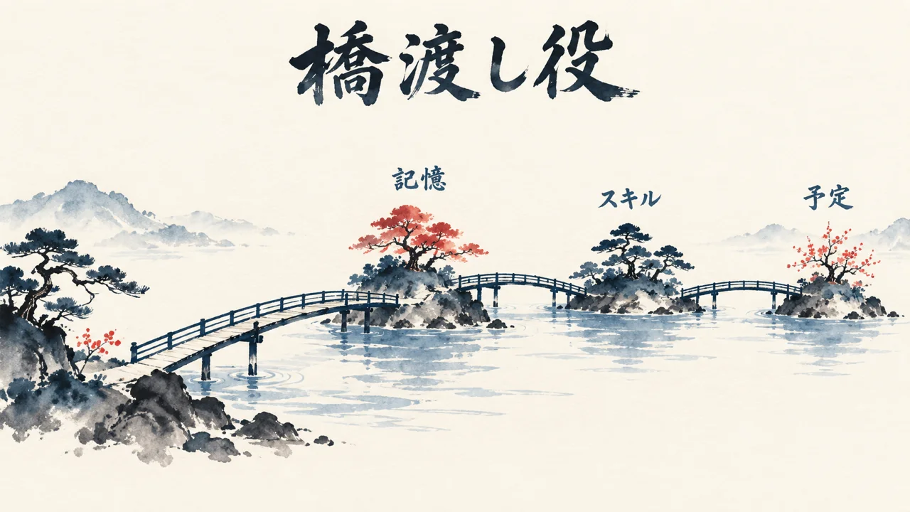 記憶・スキル・予定の小島を一本の橋がつなぐ、Dotsの橋渡し役の図解