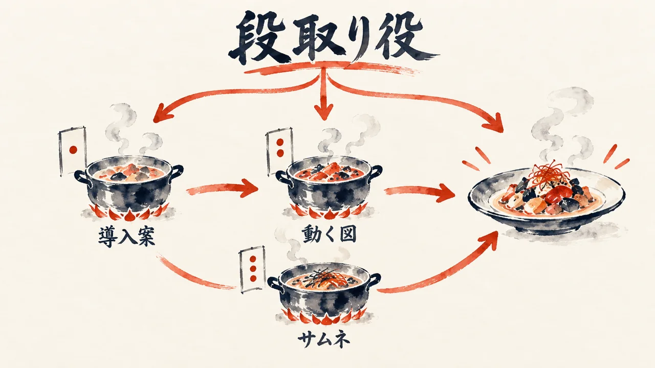 導入案・動く図・サムネの3つの鍋から一皿にまとめる、段取り役の図解