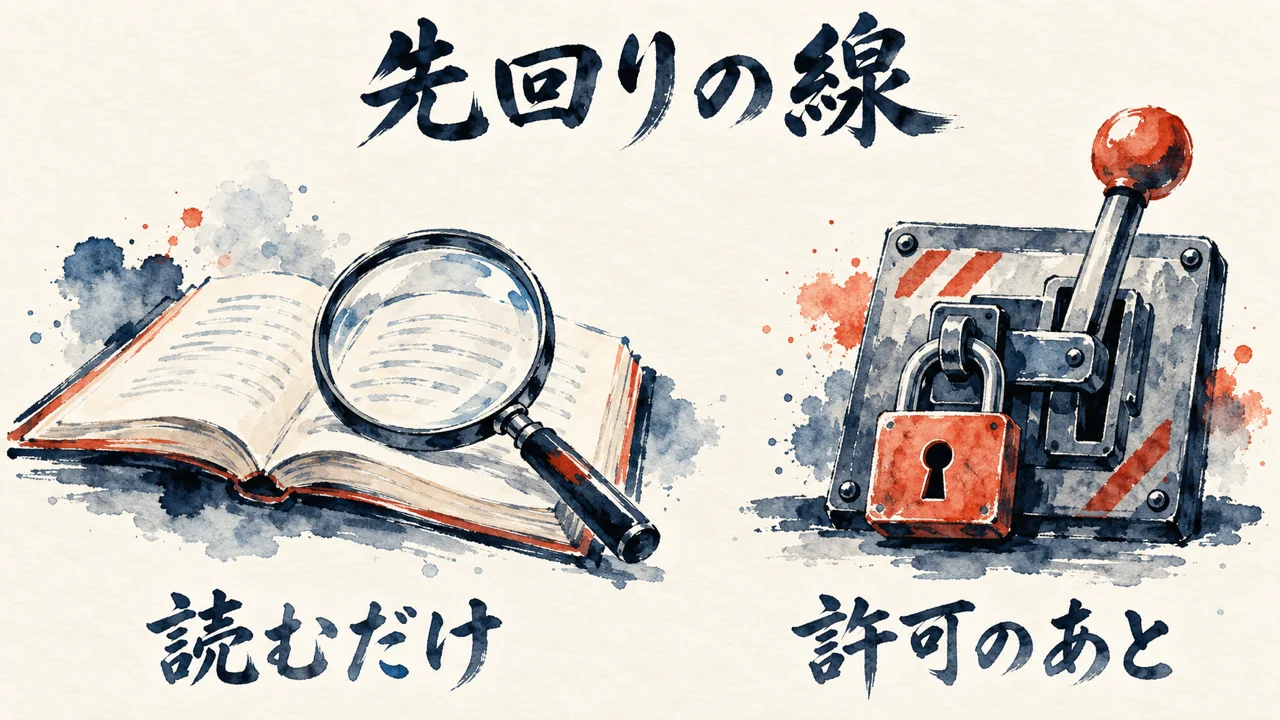 虫眼鏡で本を読むだけの側と、錠のかかったレバーを許可のあとに動かす側を並べた、先回りの線の図解