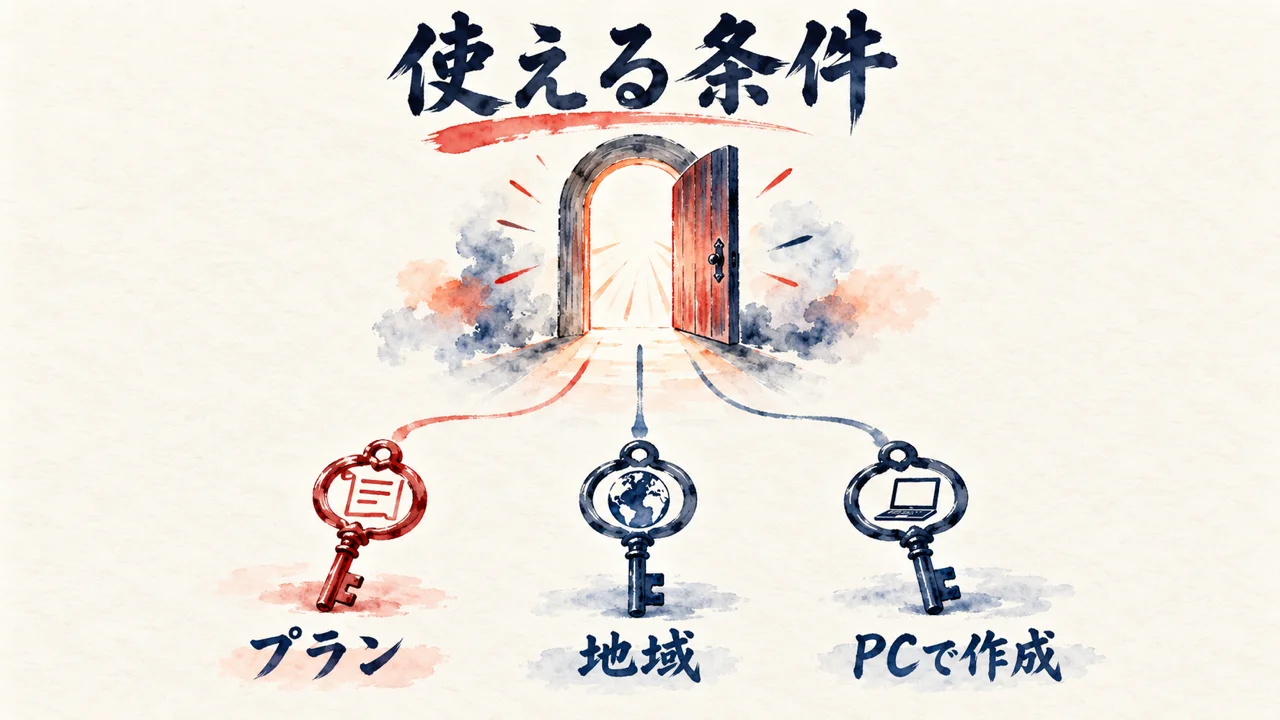 プラン・地域・PCで作成の3本の鍵で開く扉の、使える条件の図解
