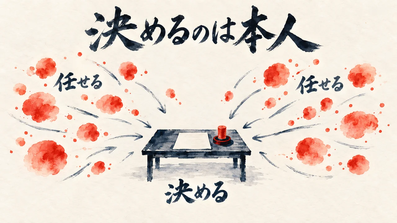 まわりから任せる仕事が集まり、中央の机で判子を押して決める、決めるのは本人の図解