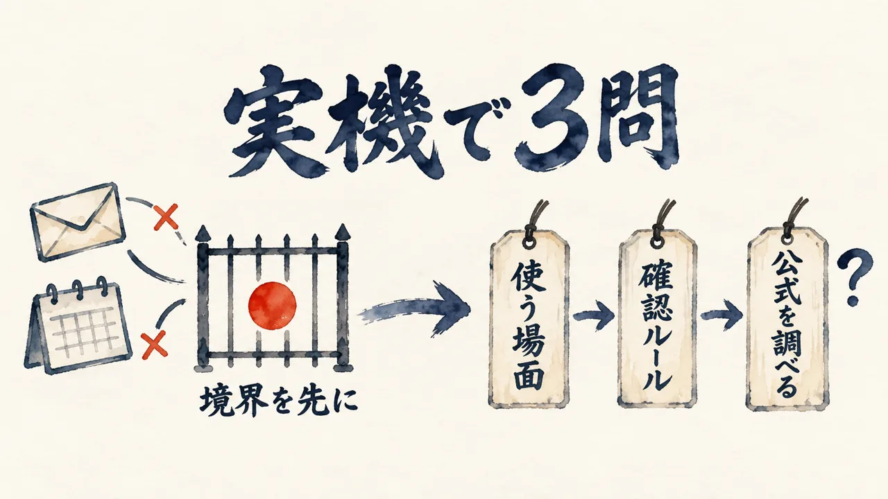 柵で囲んだ朱色の水玉のdotから、使う場面・確認ルール・公式を調べるの3枚の札へ進む、日本のアカウントで試した実機テストの図解