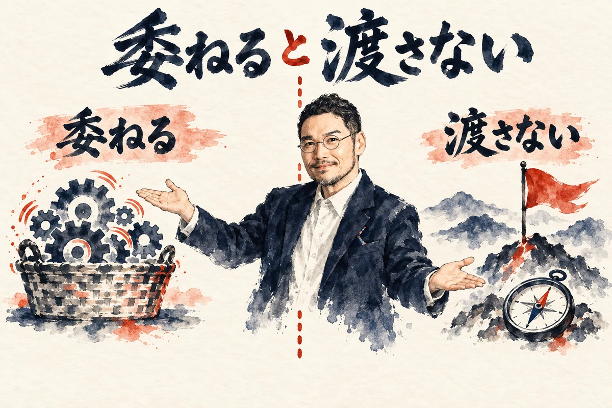 委ねる作業をカゴへ、渡さない判断軸を旗で示すひろくんのコラム図解