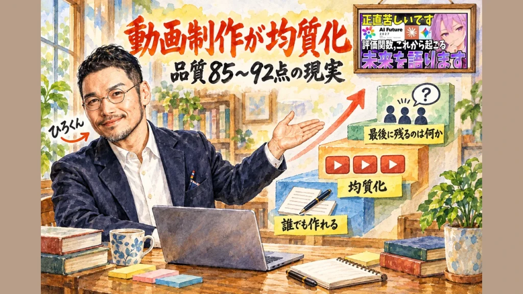 ひろくんが動画制作の均質化と品質85〜92点を語るアイキャッチ、まさおAIじっくり解説chのサムネ付き