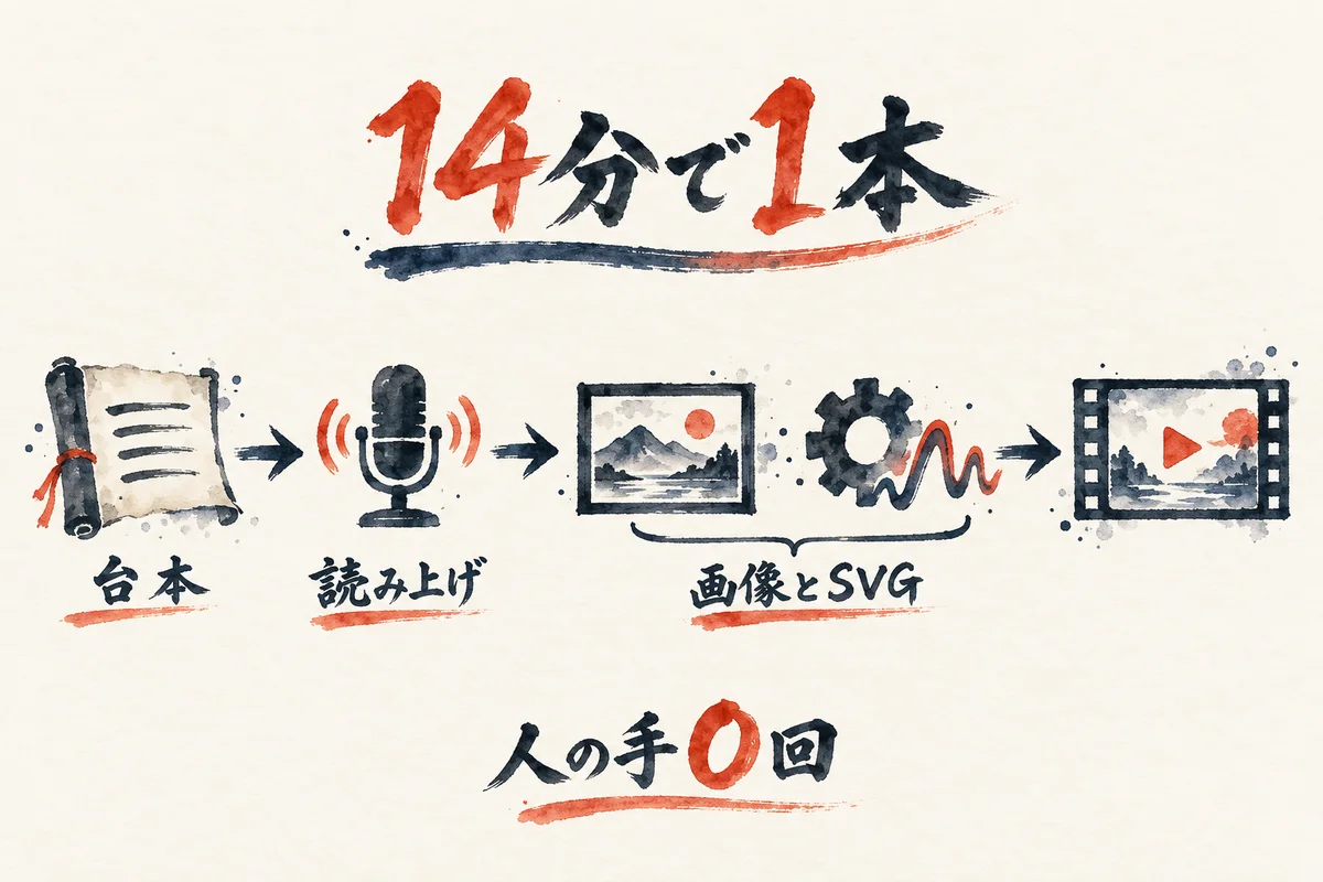 台本・読み上げ・画像とSVG・動画を14分で仕上げ人の手0回になる工程の図解