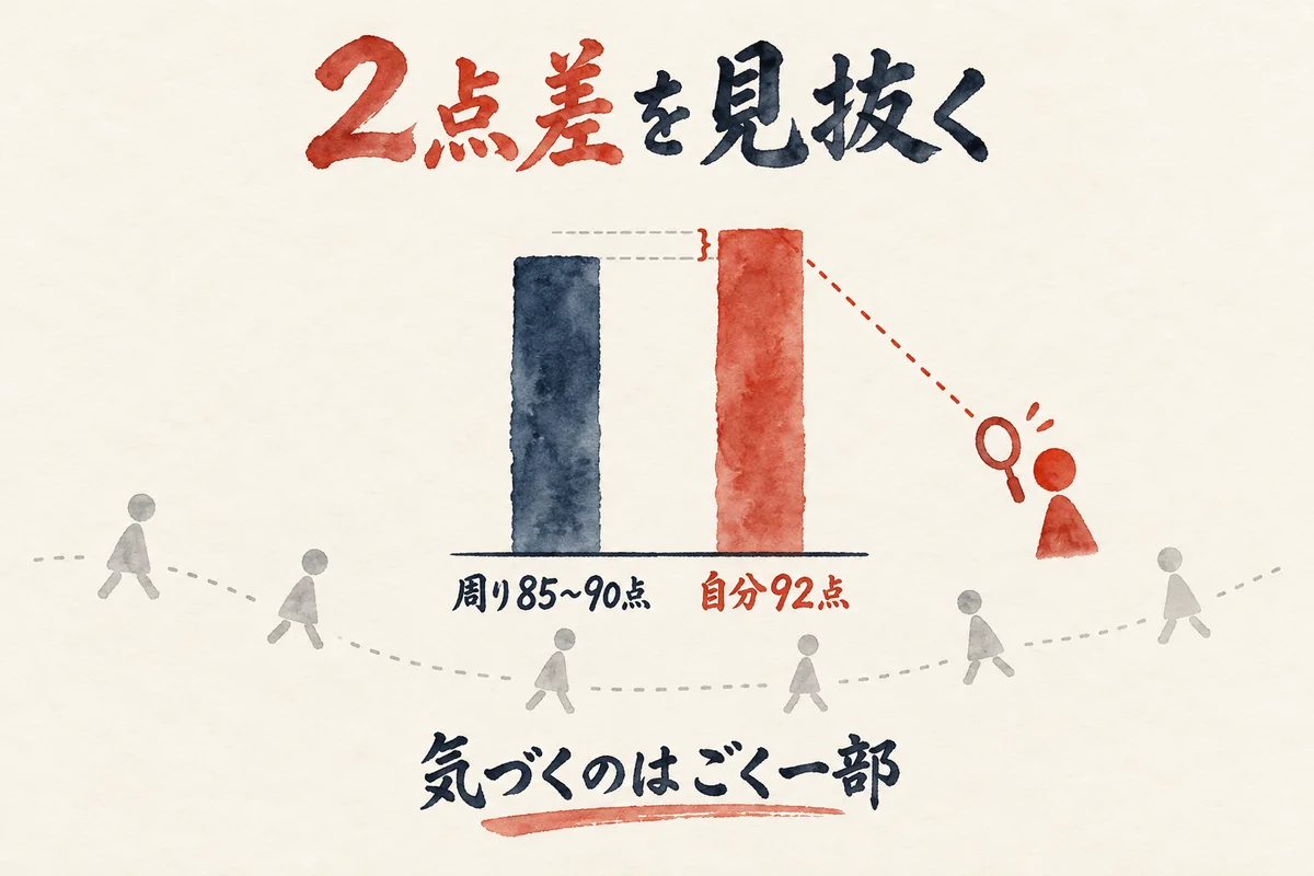 周りが85〜90点、自分が92点で2点差に気づく人はごく一部という図解