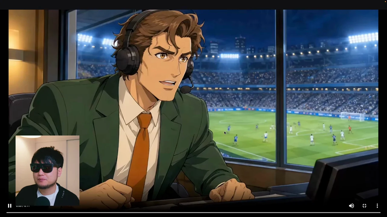 動画のキャプチャ: 同じ実況を読ませて作った、ヘッドセット姿の実況者のアニメ映像
