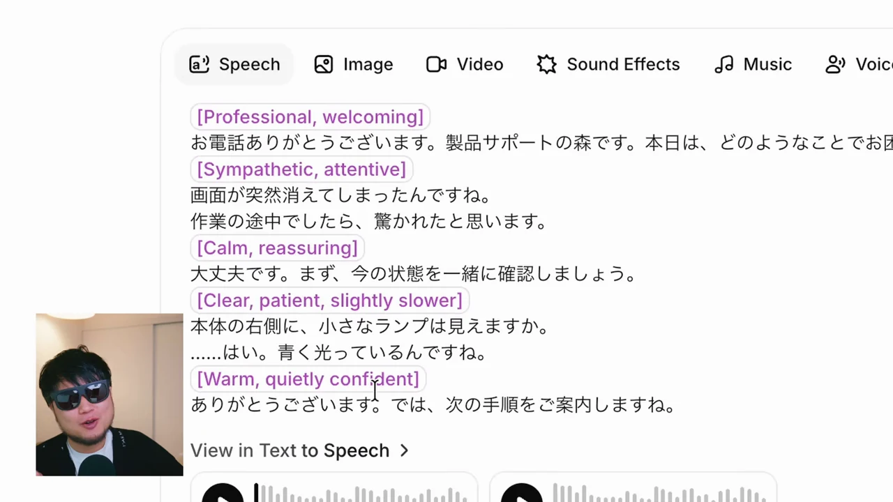 動画のキャプチャ: Speech画面に並んだタグ付きの台本