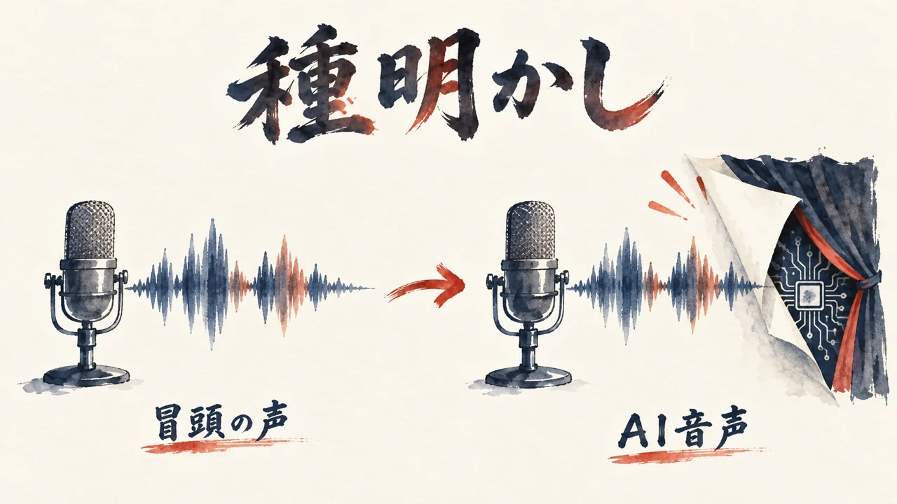 冒頭の声が生成だと明かされる、人の声とAI音声の波形と種明かしの図解