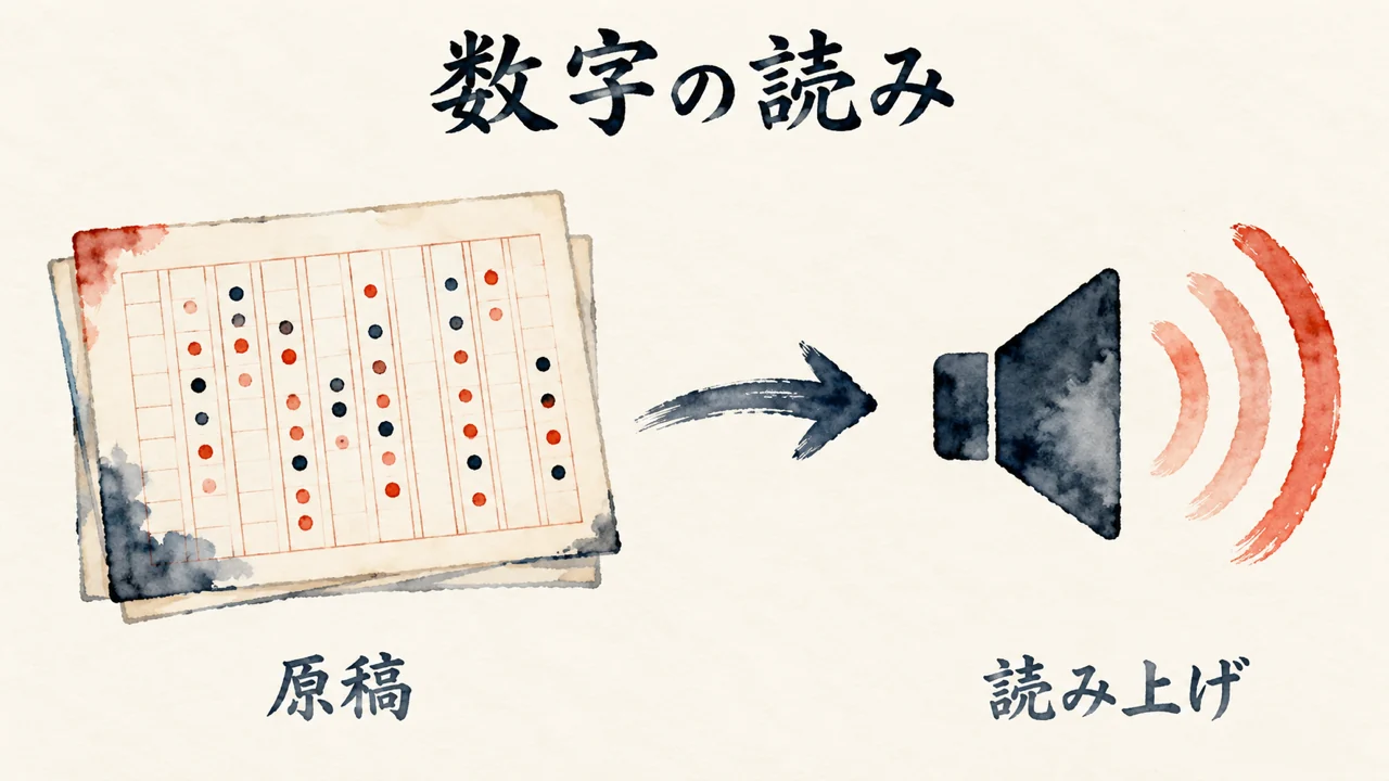 ニュース原稿の数字を読み上げる、原稿から音の波が出る図解
