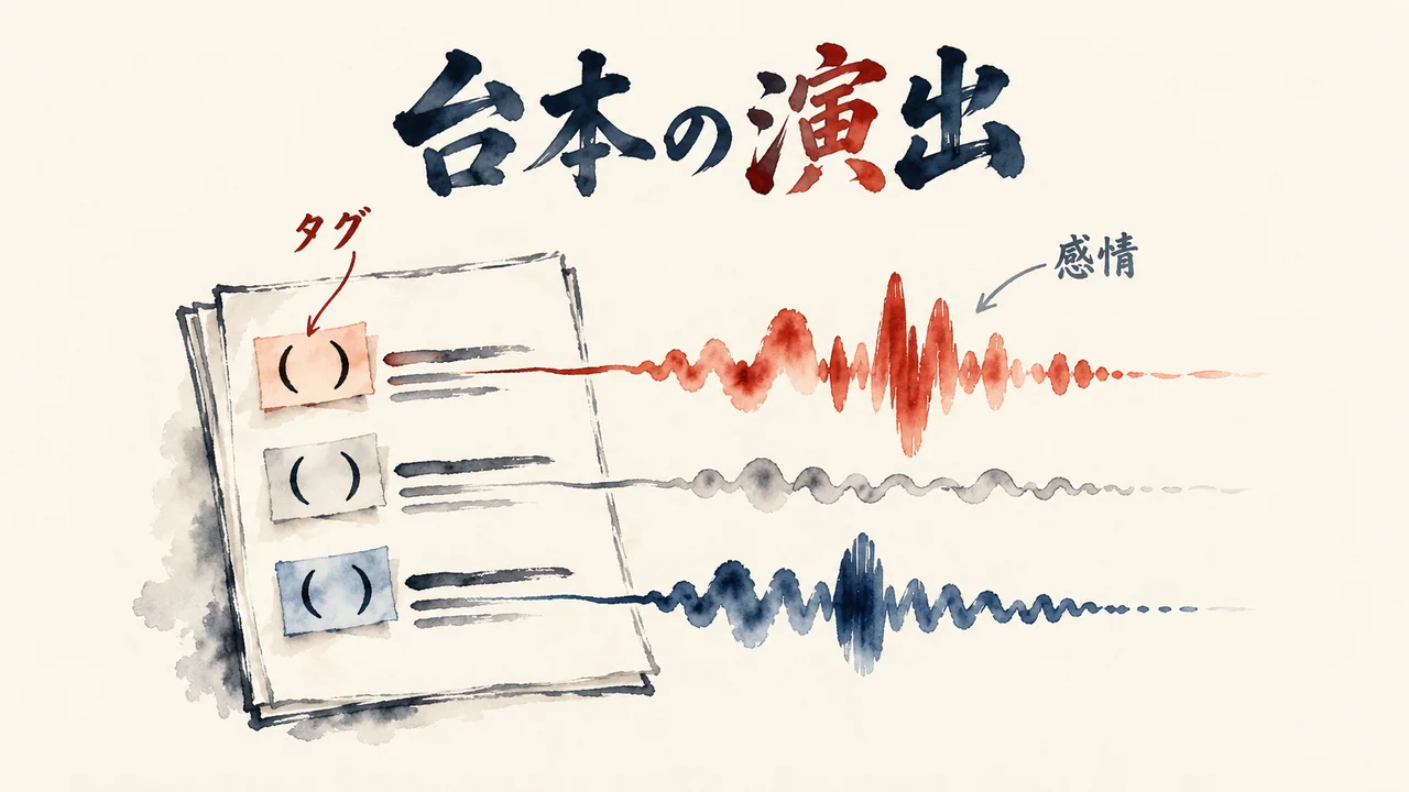 台本の行頭に感情のタグを付けて音の波が変わる図解