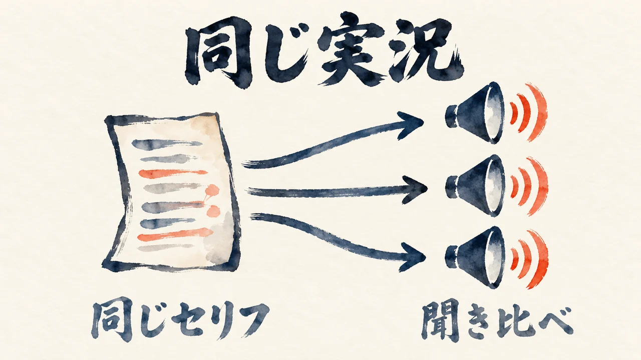 同じ実況の台本を3つのスピーカーに読ませて聞き比べる図解