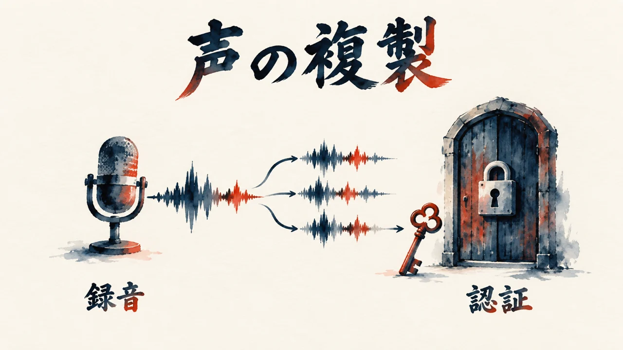 録音から声の複製へ進み、認証の扉の前で止まる図解