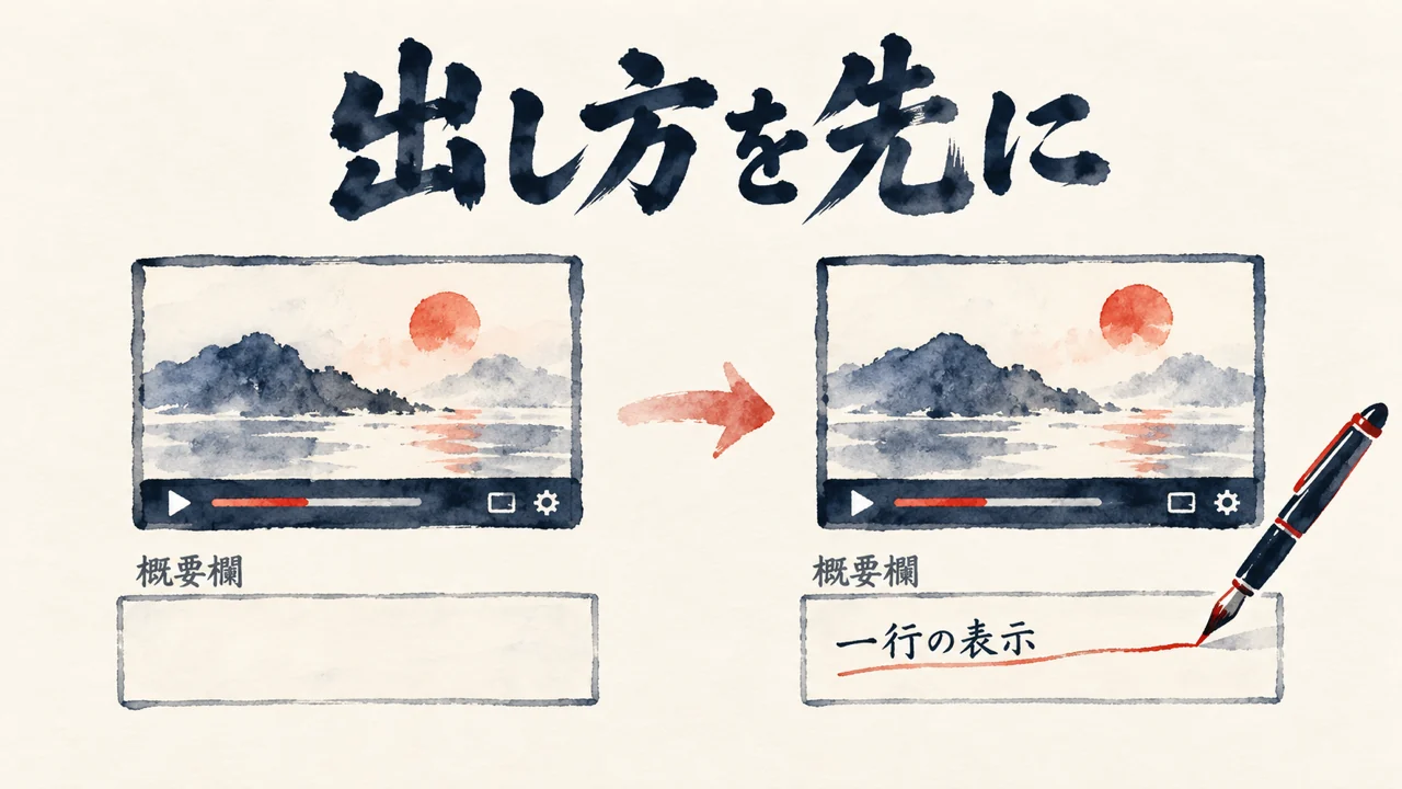 動画の概要欄に一行の表示を書き込む図解