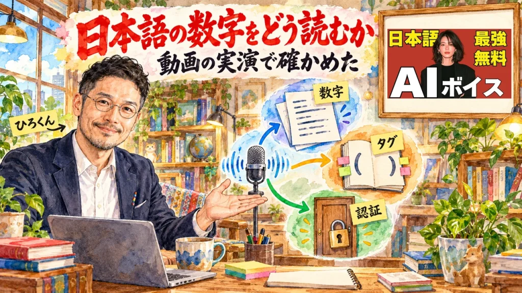 AI音声の日本語の数字をどう読むか。ひろくんが、マイクから伸びる音の波が数字・タグ・認証の3つに分かれる図を紹介する全容図解。壁に動画のサムネイル