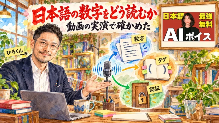 AI音声の日本語の数字をどう読むか。ひろくんが、マイクから伸びる音の波が数字・タグ・認証の3つに分かれる図を紹介する全容図解。壁に動画のサムネイル