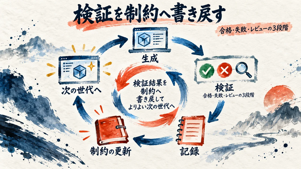 検証を制約へ書き戻す｜合格・失敗・レビューの3段階の図解