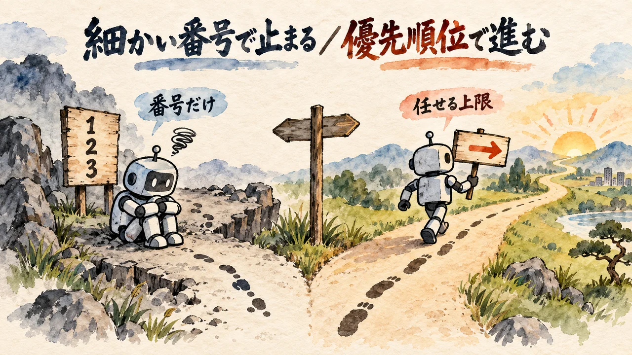 細かい番号で止まるロボットと優先順位で進むロボット