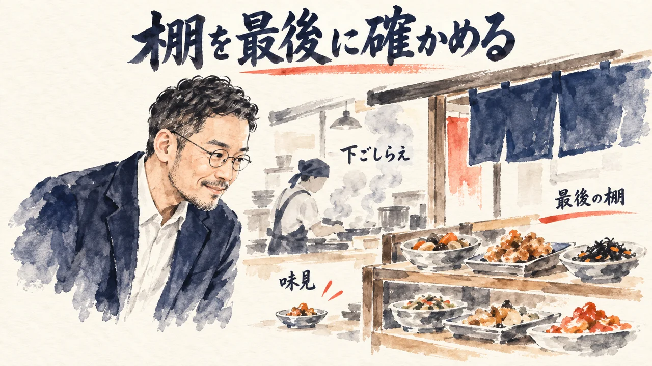 惣菜屋の店先で、棚を最後に確かめるひろくんのコラム図解