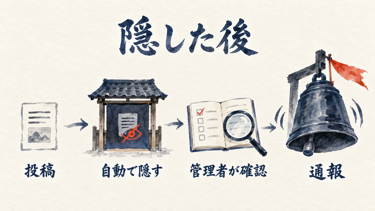投稿をAIが隠し、管理者が確認し、通報も届く流れを示す図解