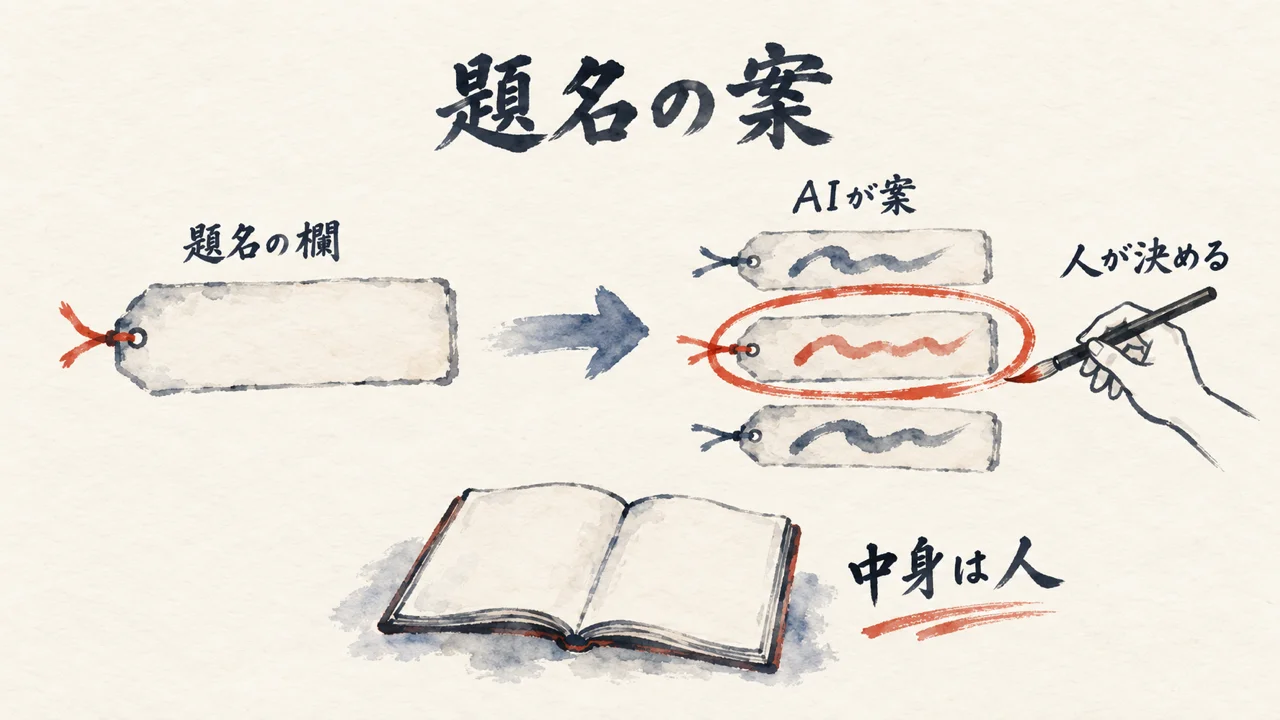 題名の欄をAIが案で埋め、最後に人が決めることを示す図解
