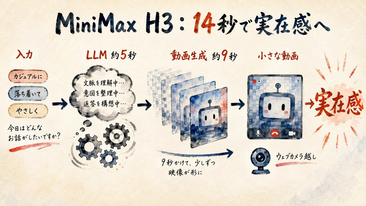 MiniMax H3のビデオチャット、14秒の待ち時間と実在感の流れ(図解)