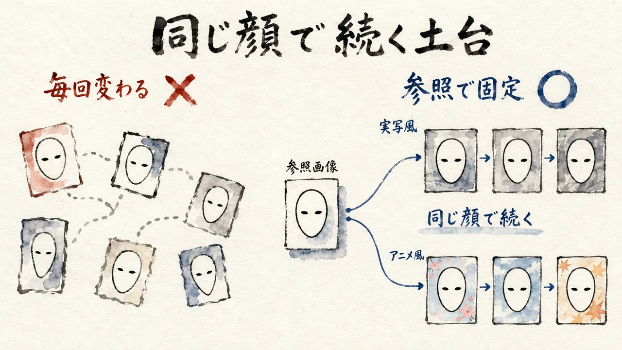 参照画像に追従して固定の人物として生成し続ける(対比図解)