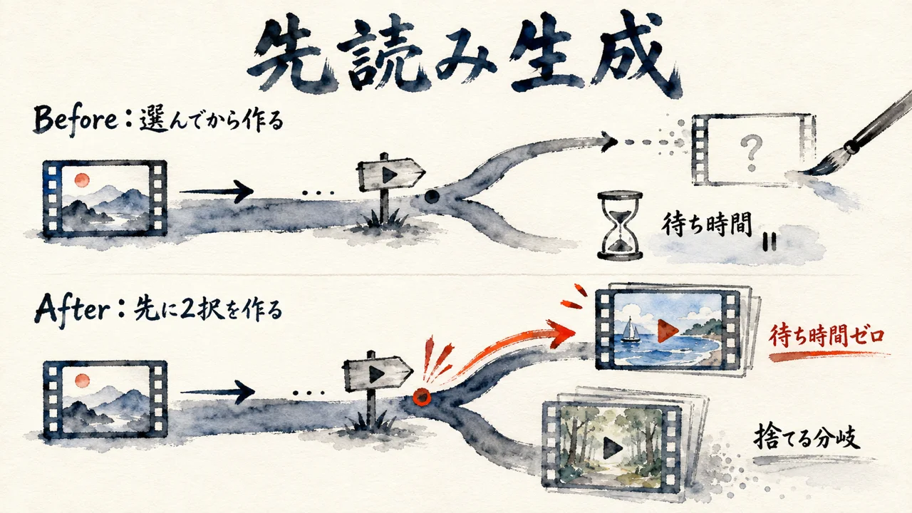 先読み生成——選ばれる前に2択の動画を作っておく(前後図解)