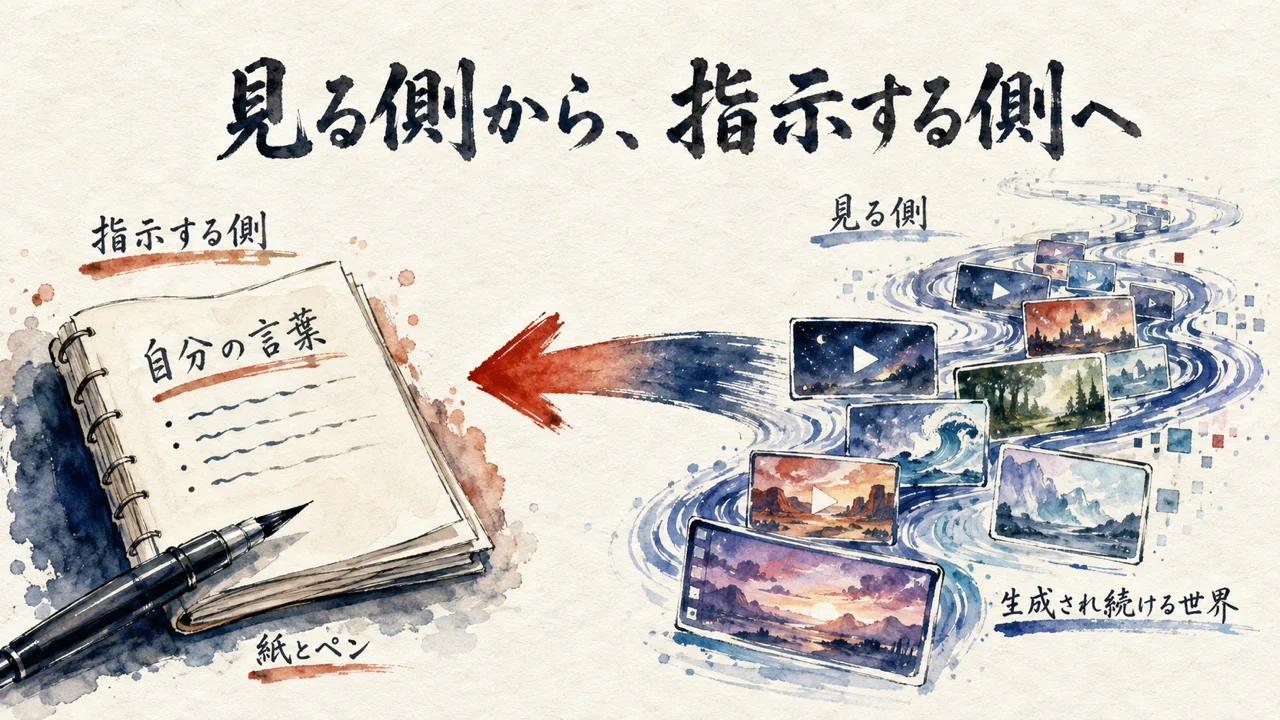 見る側から指示する側へ、紙とペン(対比図解)
